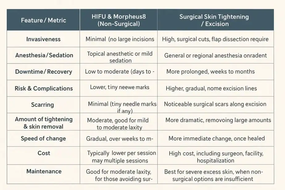 Table showing benefits of Lipo Freeze 2 U Neasden treatments for skin tightening following weight loss injections.